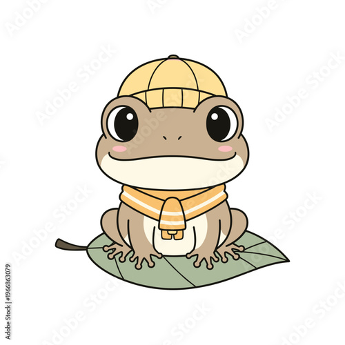 Cute cartoon frog wearing a hat and scarf sitting on a leaf  