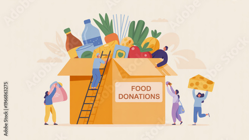Minimalist 2D illustration of volunteers organizing food donations with cardboard box, colorful groceries, and teamwork helping others vector design