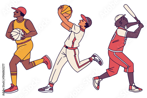 Cartoon Sports Player Athletic Characters Action Pose Vector Illustration Bundle Isolated
