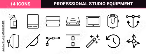 Graphic Design and Creative Studio Equipment Ultra-Minimalist Monoline Geometric Outline Symbols for Professional Digital Interface Design