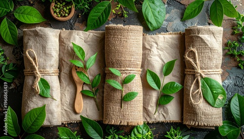 Natural Spa Treatment Setup with Green Leaves and Organic Towels.