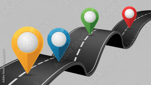 3D curved road illustration with colorful location pins showing route navigation path with markers modern travel vector design