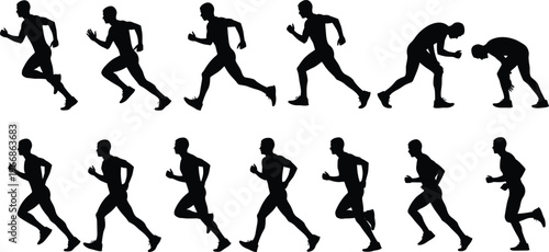 Dynamic running silhouettes sequence showing athletic motion, human locomotion, fitness training, sports biomechanics, marathon sprint posture, exercise movement illustration for stock 