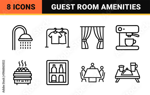 Ultra-Minimalist Monoline Hospitality Icon Set Featuring Geometric Line Art for Hotel Services, Guest Amenities, and Resort Facilities UI Design.