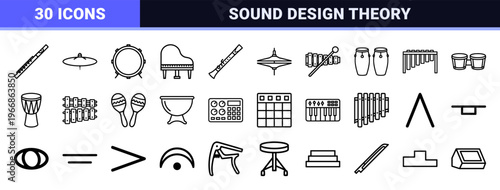Musical Instrument and Audio Production Linear Outline Icon Set Featuring Ultra-Minimalist Monoline Aesthetic for Professional Design Work