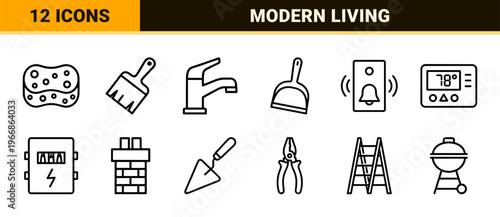 Ultra-Minimalist Monoline Home and Real Estate Iconography for Residential Architecture Projects and Domestic Service Digital Interface Design