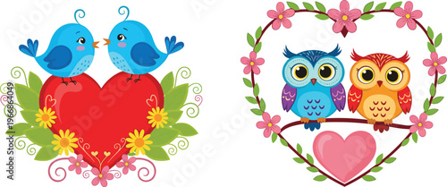 Romantic Birds and Owls with Heart and Floral Frame Cartoon Set Cute Love Couples Illustration for Valentine Greeting and Wedding Design
