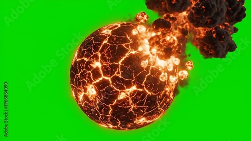 A video showcasing a large, fiery, molten lava ball exploding on a green screen background