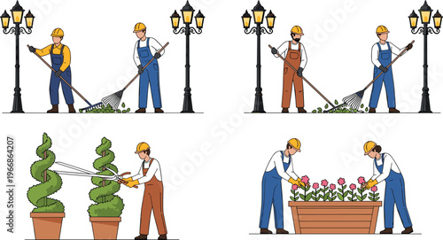 Professional gardeners maintenance set, workers raking leaves, pruning topiary plants, and planting flowers in urban park, flat vector illustration, comma.
