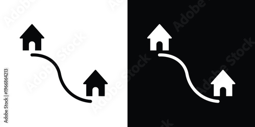 Residential path icon connecting two house symbols. Represents neighborhood navigation, real estate location, home delivery services, and community mapping.