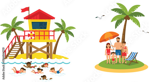 Summer Beach Vacation Scene with Lifeguard Tower Swimming Kids and Family Relaxing Under Palm Trees Seaside Holiday Vector Illustration Set