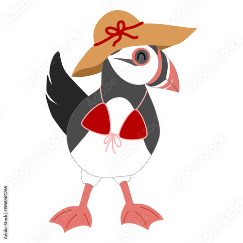 Cute Puffin in Red Bikini and Straw Hat - Summer Vacation Sea Bird Illustration