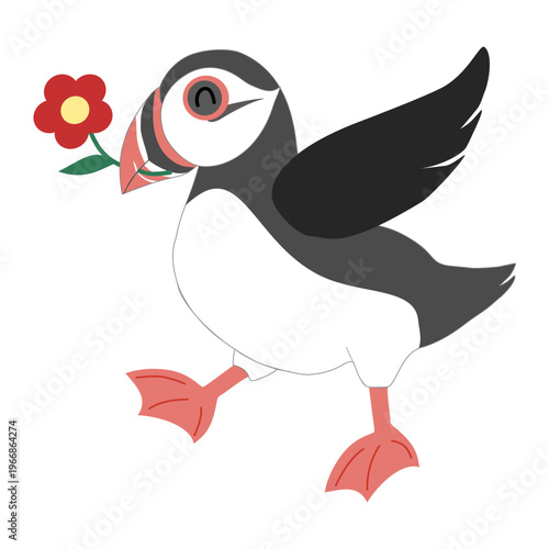 Cute Puffin Bird Holding Red Flower