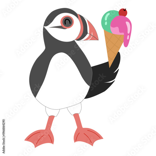 Cute Puffin Bird Holding Ice Cream Cone - Summer Sweets Sea Bird Illustration