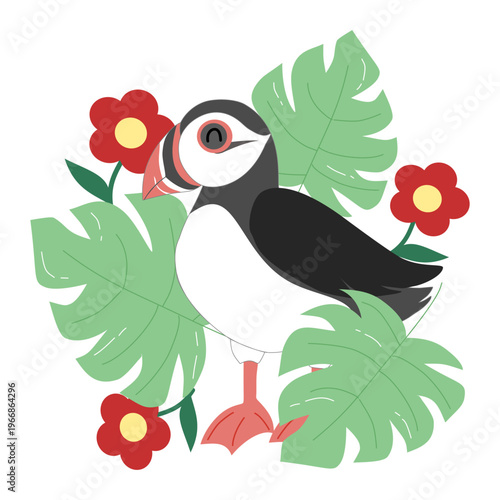 Cute Puffin Bird with Monstera Leaves and Red Flowers - Tropical Summer Illustration