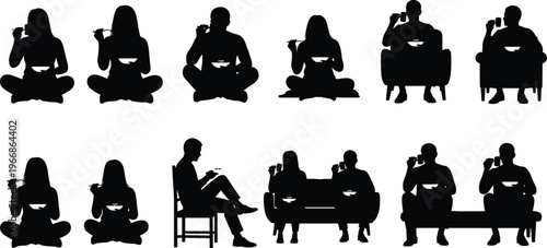 Black people silhouette set eating food from bowls, men and women sitting on chairs and floor, dining and mealtime icons, comma.
