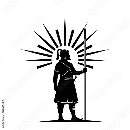 Maharana Pratap Jayanti celebration with a brave warrior standing heroically with a spear and sunburst