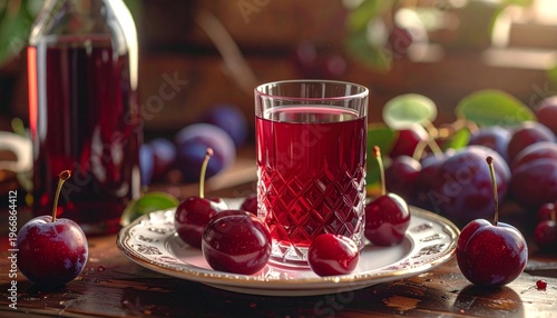 Glass of fresh plum and cherry juice with fruits on a rustic wooden table.