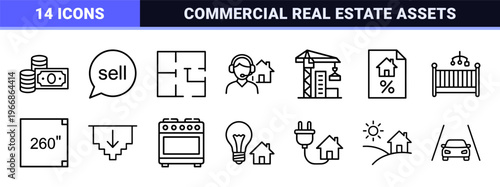 Professional Real Estate and Property Management Icon Set Featuring Ultra-Minimalist Geometric Line Art for Commercial Architecture and Housing Marketing
