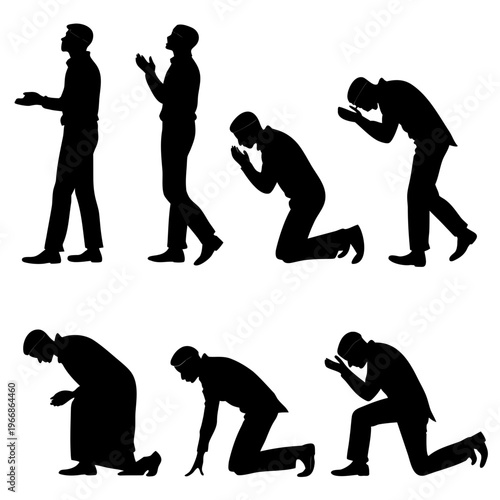Eight silhouetted figures illustrate the essential physical positions of Islamic prayer (Salah), capturing both the postures and the transitions that form its rhythm. The sequence begins with Qiyam.