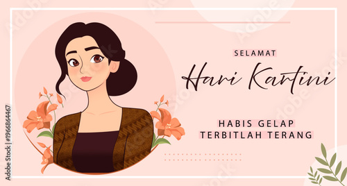 Kartini Day Banner Design with Elegant Javanese Woman Illustration Wearing Traditional Batik Outfit and Floral Decoration