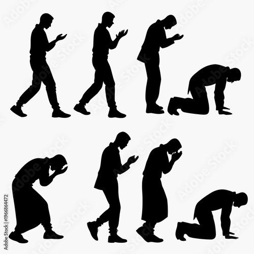 A black-and-white silhouette illustration featuring eight figures of a man in various postures of prayer, mourning, or deep reflection.