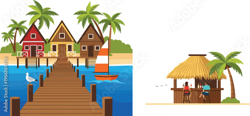 Tropical Beach Resort Scene with Wooden Pier Houses Sailboat and Island Bar Hut Relaxing Vacation Travel Vector Illustration Set