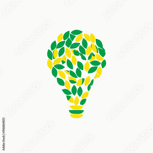 A lightbulb silhouette created from green and yellow leaves against a white background