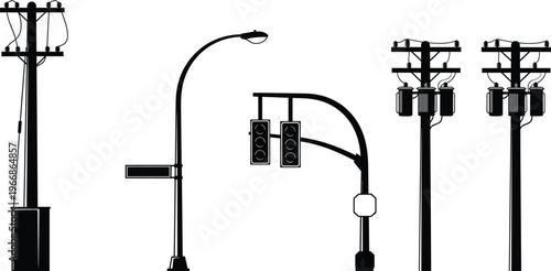 Black utility pole silhouette set, street light, traffic signal, electric power lines, transformer on pole, urban infrastructure icons, isolated vector.