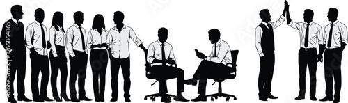 Black and white business people silhouette set, professional team, office workers, corporate colleagues, high five success, isolated vector illustration, comma.
