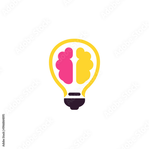 A yellow lightbulb outline contains a split brain icon pink and yellow sections. Simple graphic
