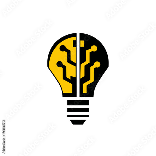Stylized lightbulb design split down the middle with yellow and black, circuit board patterns