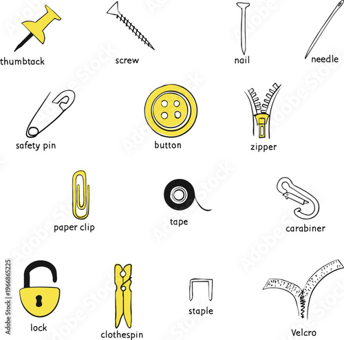English learning flashcard: Household Items and Small Things. Home elements vocabulary. Vector illustration.