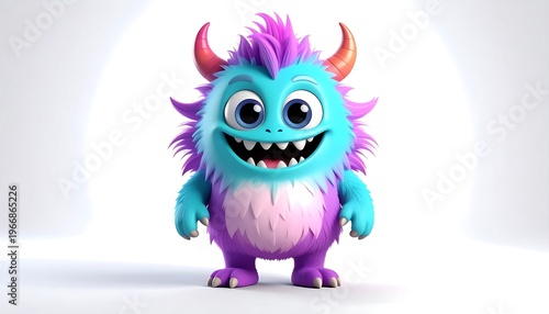 A friendly cartoon creature with big eyes, horns, and shaggy fur stands against a white background with soft shadows, smiling broadly