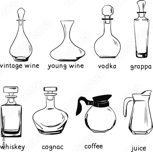English learning flashcard: Types of Decanters and Carafes. Alcohol and beverage glassware. Vector illustration.