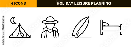 Travel and Tourism Ultra-Minimalist Geometric Line Art Icons featuring Vacation, Adventure, and Hospitality Symbols in Sophisticated Outline Style.