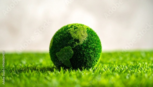 Vibrant green Earth globe resting on lush grass symbolizing nature and sustainability.