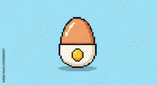 A pixel art illustration of a halved soft boiled egg on a blue background