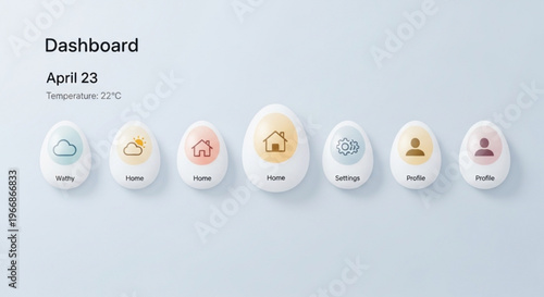 Minimalist dashboard interface with weather home settings and profile icons