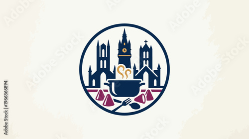 Community Kitchen Logo with Cityscape and Soup