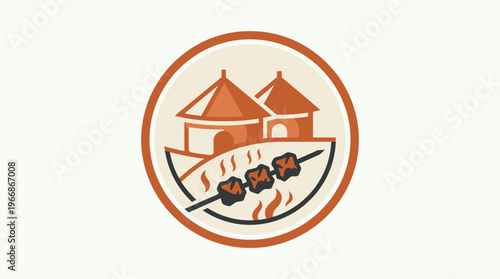 Cartoon Logo of African Village with Grilled Meat