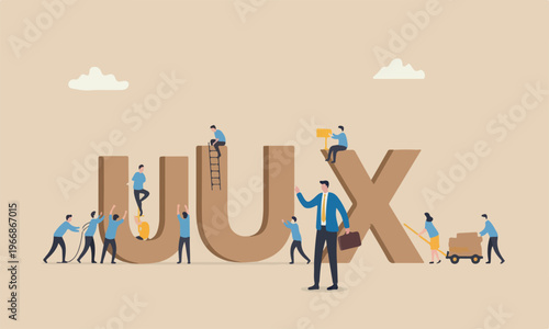 Experience figurines modern, flat design with clean lines and minimal shading help building and moving wooden stamp with alphabet to combine the word U and X