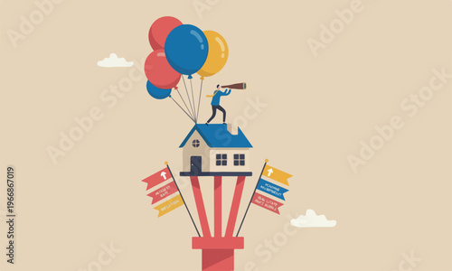 House mortgage red inflation, real estate price bubble or housing investment opportunity concept, home owner with telescope on flying house with balloon