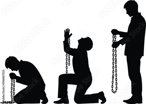 Silhouette illustration featuring human figures with chains, symbolic bondage, freedom, emotional struggle, dramatic conceptual artwork for psychology, social themes, design projects