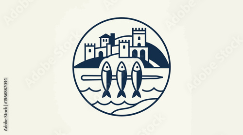 Coastal Emblem with Fish on Skewers Under a Fortress