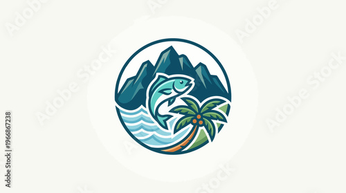 Fishing Logo Design with Mountains Ocean Waves and Palm Tree