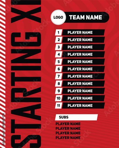 starting XI football player name line up on red background vector design