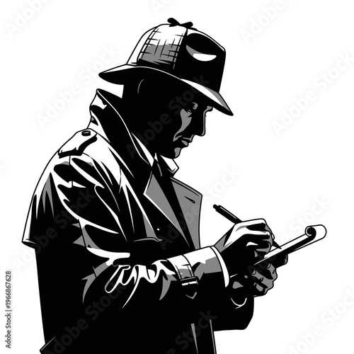 Illustration of a Detective Taking Notes on a Clipboard.