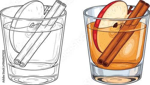 Hot apple cinnamon drink in glass with cinnamon sticks fruit slice winter beverage vector illustration isolated mulled cider cocktail tea concept