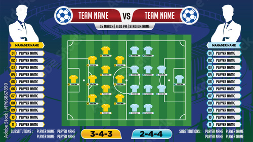 core player football match design. formations tactics and planning position line up on blue background vector design